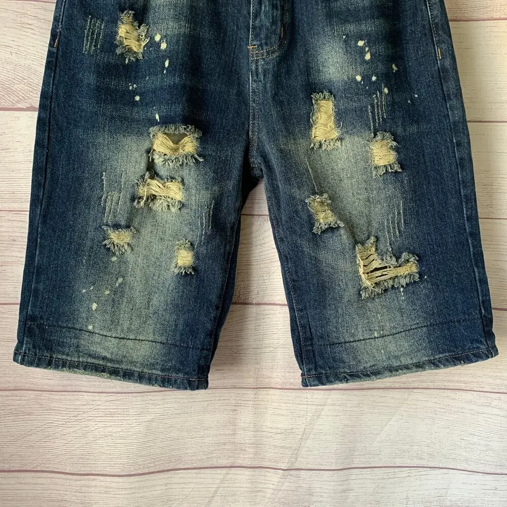 Qimu Fashion Mens Distressed Denim Jean Shorts Paint Splatter Size 30